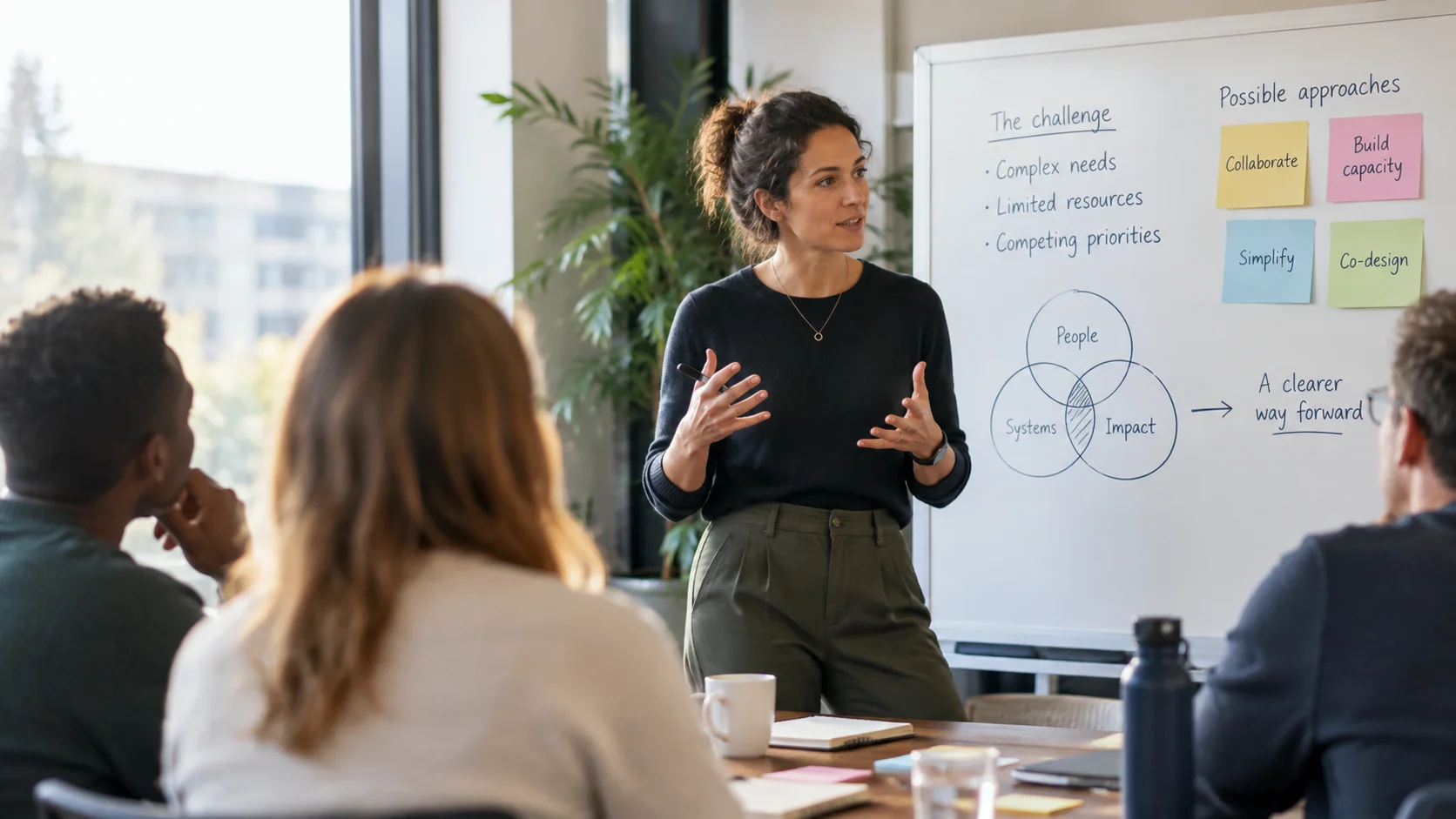 A woman stands at a whiteboard explaining ideas to three colleagues seated at a table, with a Venn diagram and sticky notes reading "Collaborate", "Build capacity", "Simplify" and "Co-design".